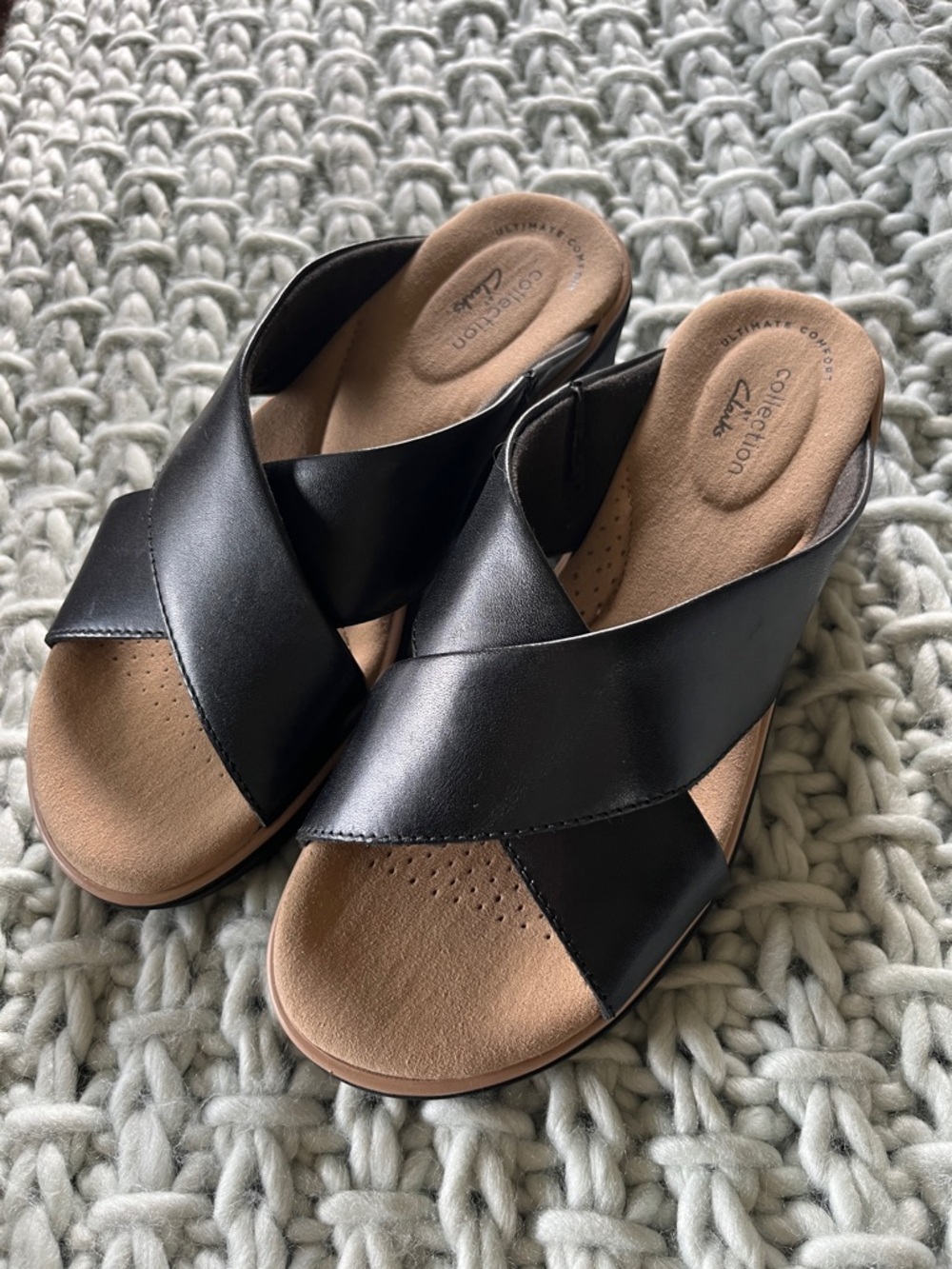 Clarks Black Leather Wedge Sandals